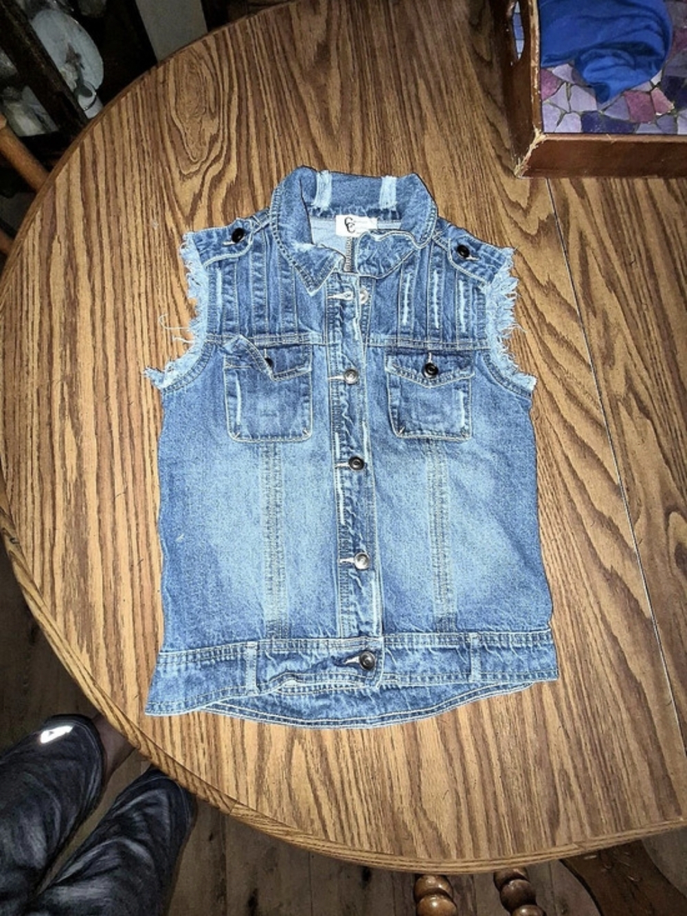 Christian Caleindeno Distressed Denim Vest in Blue & White